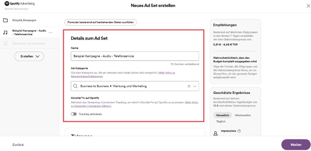Spotify Ads erstellen - Details zum Ad Set einstellen