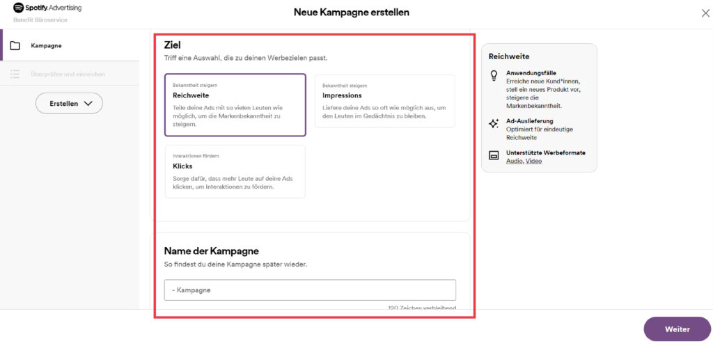 Spotify Ads erstellen - Ziel und Name festlegen