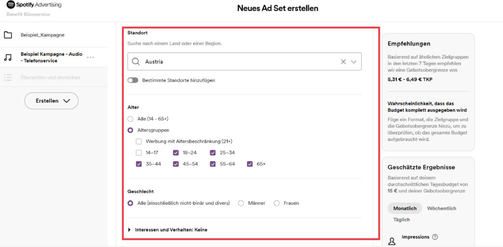 Spotify Ads erstellen - Zielgruppe festlegen 